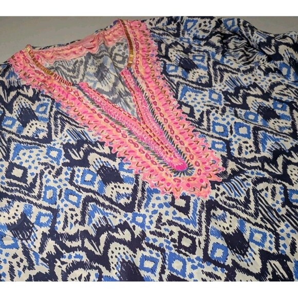 Lilly Pulitzer XL100% Silk Blue Renato Tunic Top Shirt Beaded Neckline Embellish - Picture 4 of 14